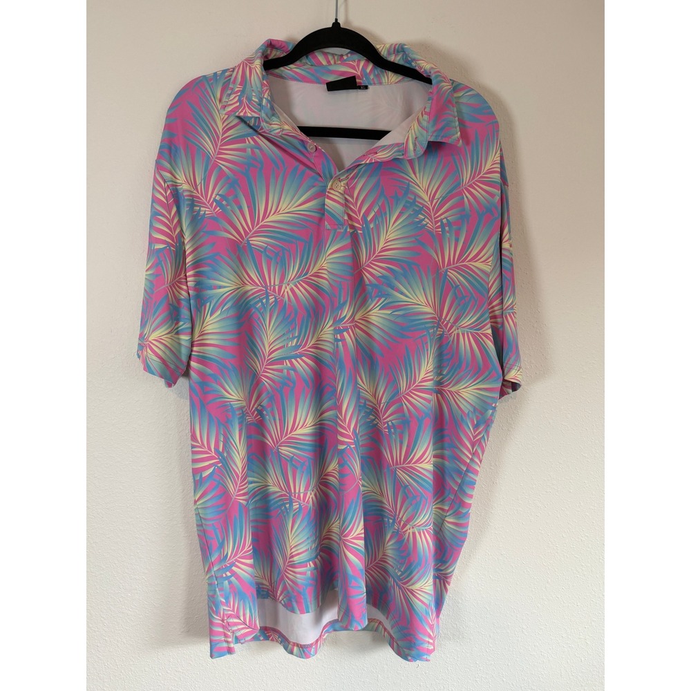 Sunday Swagger Mens XL Golf Polo Pink Blue Tropical Palm Leaf Print Stretch